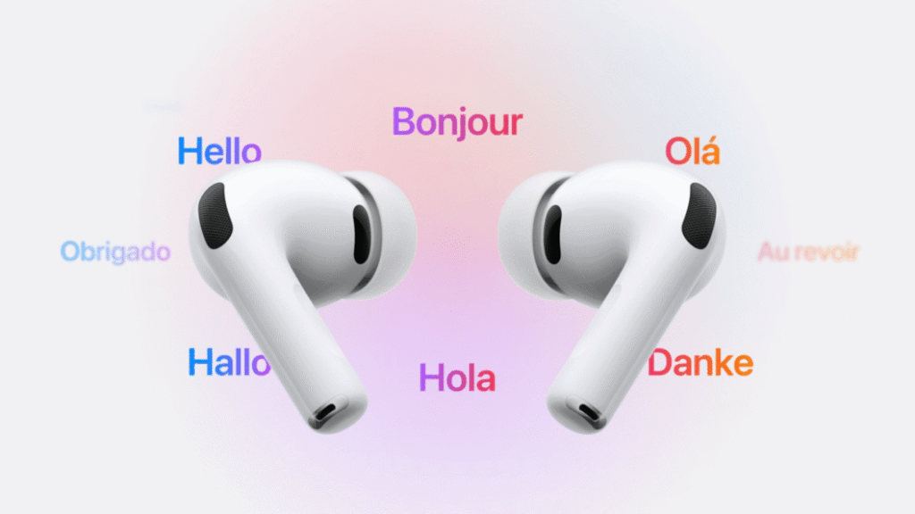AirPods Pro 3: tradução em tempo real e monitor cardíaco 5 AirPods Pro 3 com ponteiras de silicone de tamanhos variados alinhadas à frente do fone; destaca ajustes e conforto