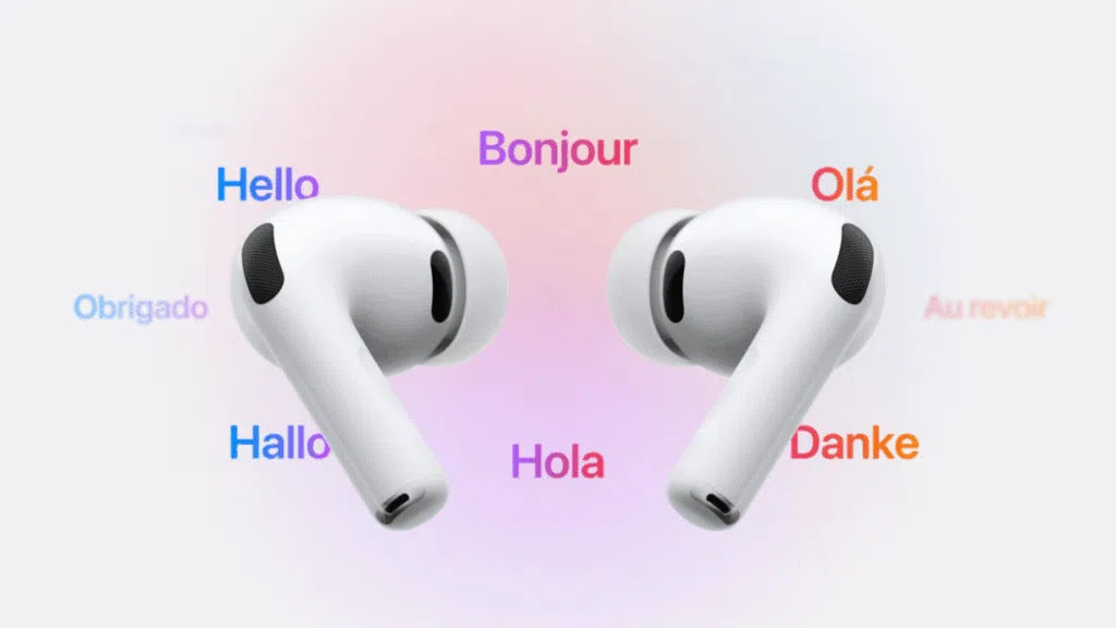 AirPods Pro 3: tradução em tempo real e monitor cardíaco 5 AirPods Pro 3 com ponteiras de silicone de tamanhos variados alinhadas à frente do fone; destaca ajustes e conforto