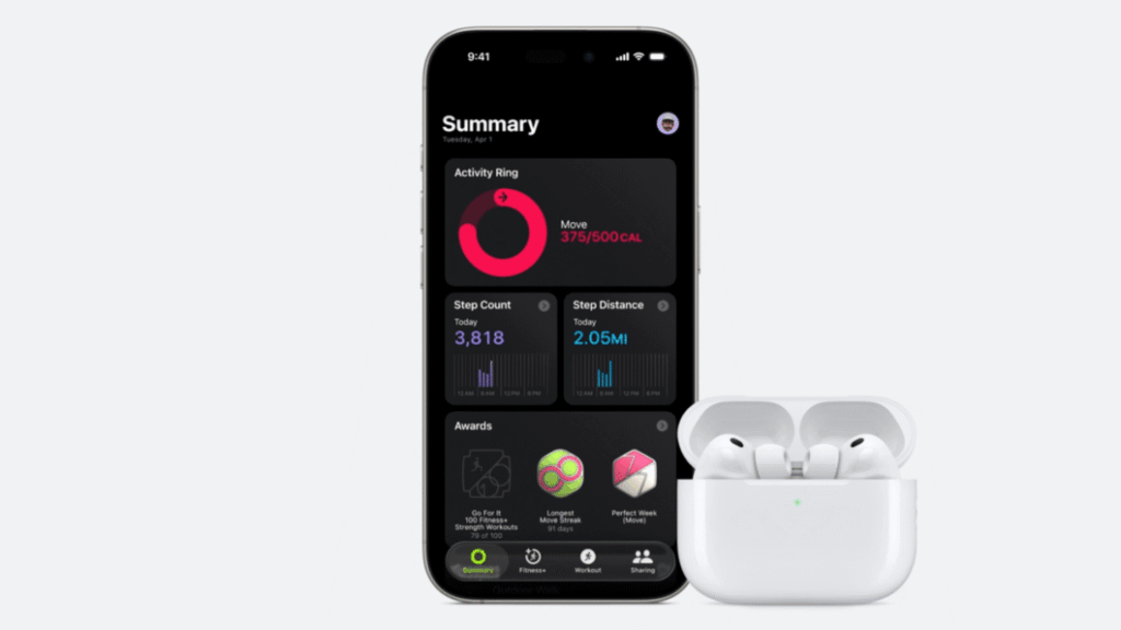 AirPods Pro 3: tradução em tempo real e monitor cardíaco 4 Dois fones de ouvido brancos lado a lado, cercados por palavras em vários idiomas como Hello, Bonjour e Olá; ilustra a função de tradução dos AirPods Pro 3