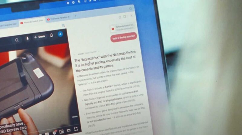 Interface experimental do navegador Dia, mostrando conectividade profunda entre abas, fluxos de trabalho integrados e protótipos de features