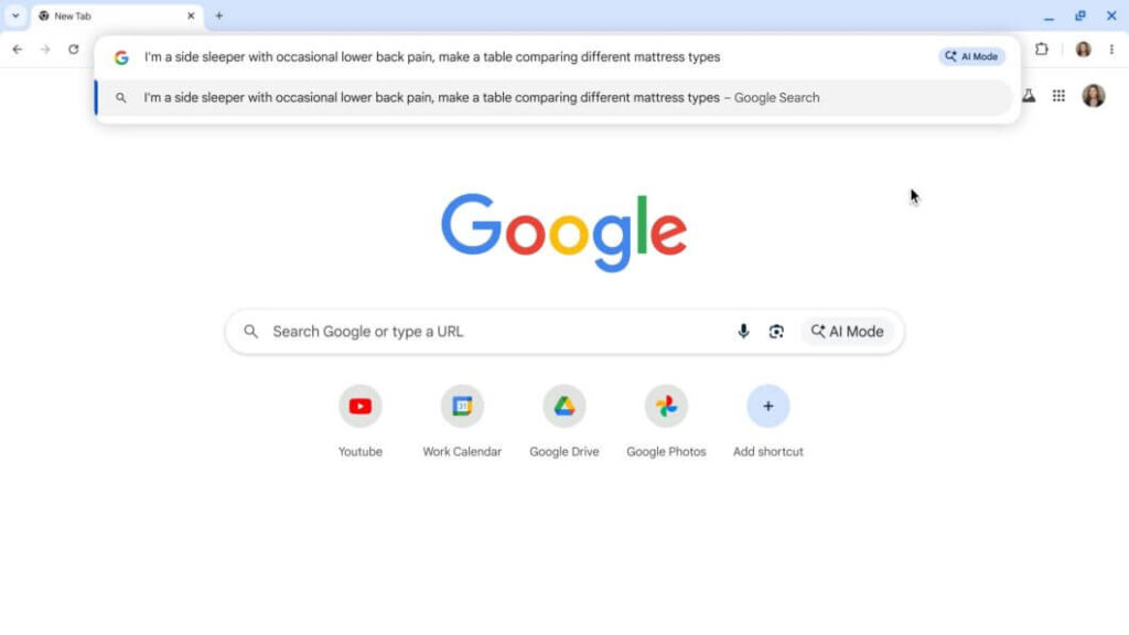 Captura ilustra o Modo IA do Gemini no Chrome diretamente na barra de endereços