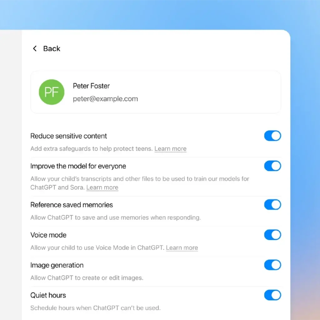 Controle parental no ChatGPT é lançado pela OpenAI 7 Painel do controle parental do ChatGPT mostrando opções de bloqueio de horário, restrição de conteúdo e desativação de recursos