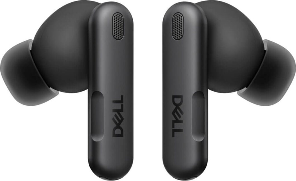 Detalhe dos Dell Pro Plus Earbuds com seis microfones e duas VPUs