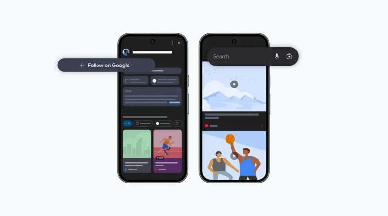 Interface do Google Discover destaca o botão Seguir e cards de artigos, vídeos e posts sociais