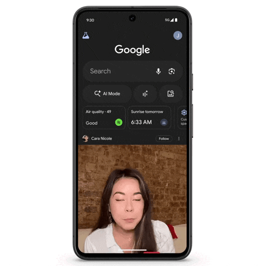 Google Discover reúne posts sociais e Shorts no feed 3 Animação mostra o Discover destacando o botão Seguir e diferentes tipos de conteúdo no feed