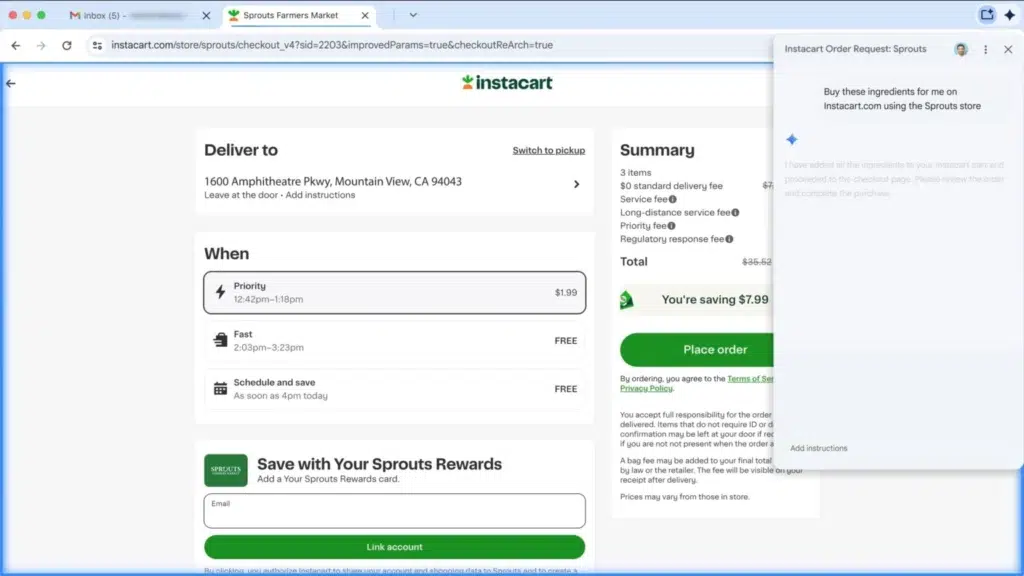 Interface do assistente agêntico do Gemini no Chrome mostra automação de tarefas no navegador