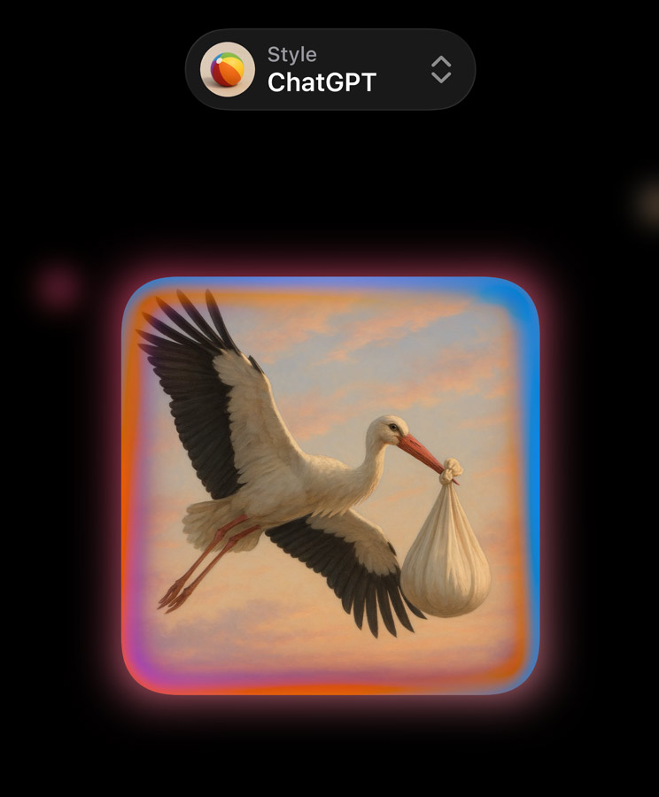 iOS 26 chega em 15 de setembro: novidades e iPhones 5 Uma pintura digital mostra uma cegonha voando sobre nuvens ao pôr do sol, carregando um pacote branco com a ponta vermelha no bico. A imagem está contida em um quadrado com cantos arredondados e uma borda de luz brilhante em tons de laranja, rosa e azul, sobre um fundo preto. No topo da tela, uma barra preta indica "Style" e "ChatGPT", com um ícone à esquerda.