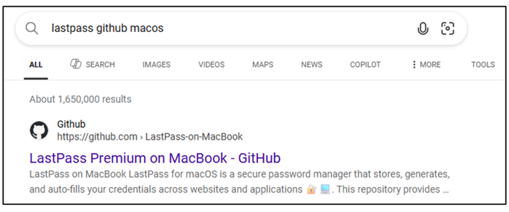 LastPass alerta sobre repositórios falsos no GitHub no macOS 3 Screen Capture of SEO-driven Referral to Malicious Software