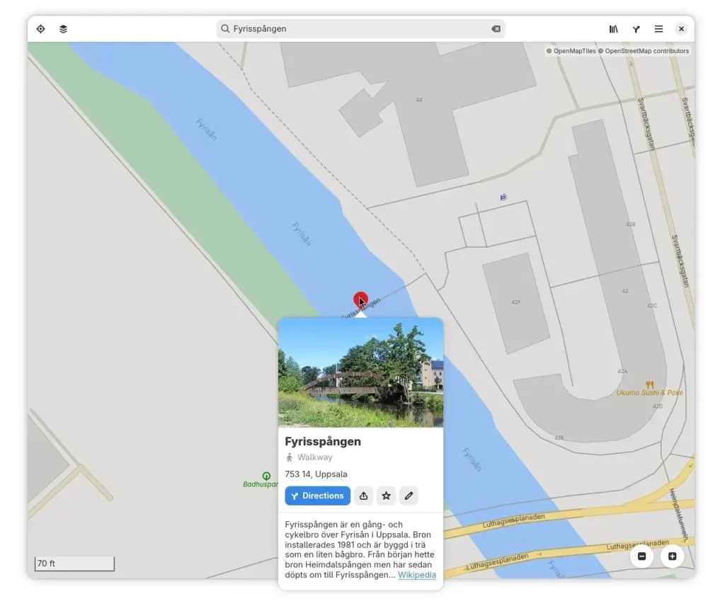 Gnome 49 Maps com ícones de transporte e etiquetas interativas do OpenStreetMap