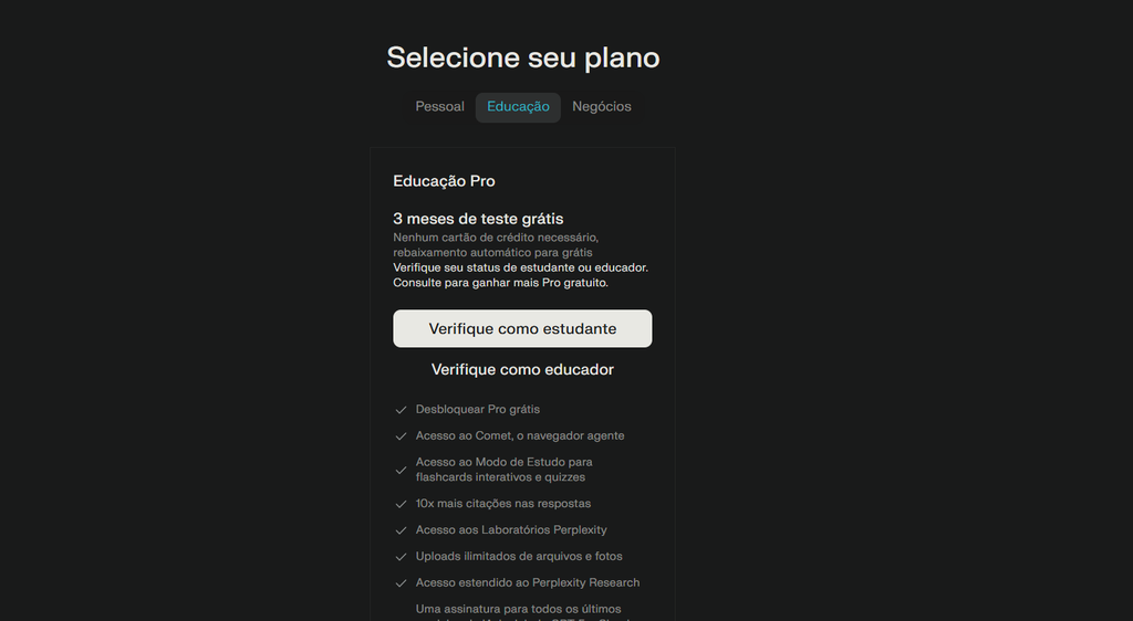 Perplexity Comet grátis para estudantes: 3 meses 3 Perplexity Comet gratis: Detalhe da oferta para estudantes (Imagem: Captura de tela