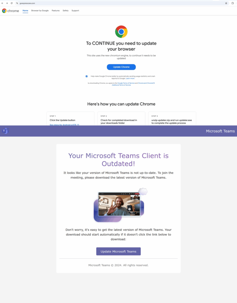 Atualização falsa do Chrome espalha ransomware 3 As páginas de atualizacao falsa do Chrome e teams usadas pelos hackers para o phishing, como mostrado por pesquisadores (Imagem: Red Canary)