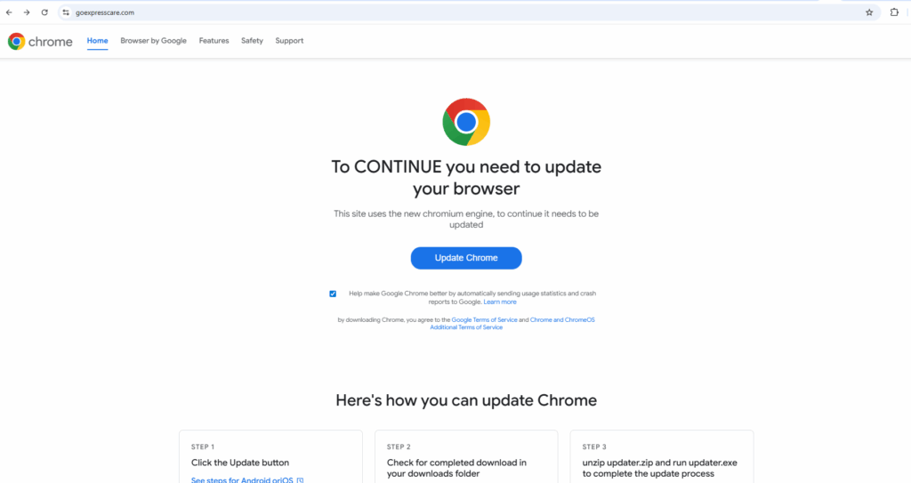 As páginas de atualizacao falsa do Chrome e teams usadas pelos hackers para o phishing, como mostrado por pesquisadores (Imagem: Red Canary)