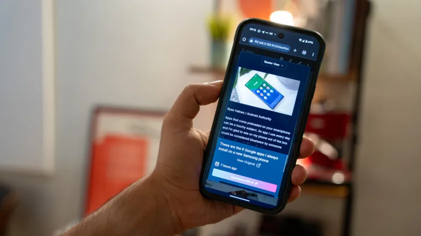 Apps auto-hospedados Android: 6 favoritos 12 Karakeep no modo leitor, exibindo artigo salvo e interface minimalista no Android