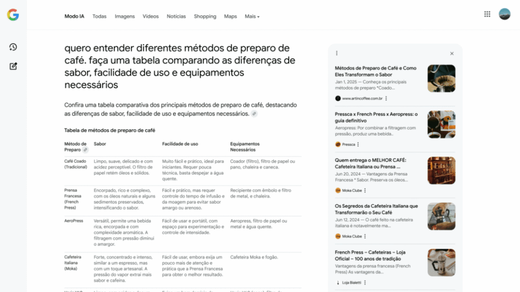 Modo IA do Google em português: veja como funciona 5 Modo IA do Google em português organiza respostas em tabelas, listas e resumos