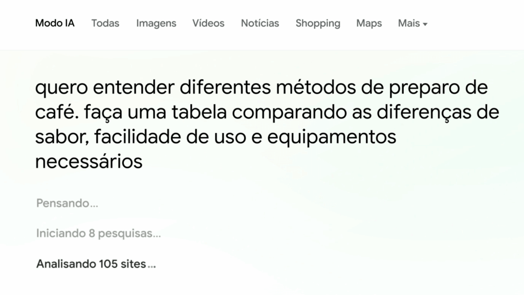 Modo IA do Google em português: veja como funciona 6 Tela do Modo IA do Google indicando buscas paralelas e análise de dezenas de sites