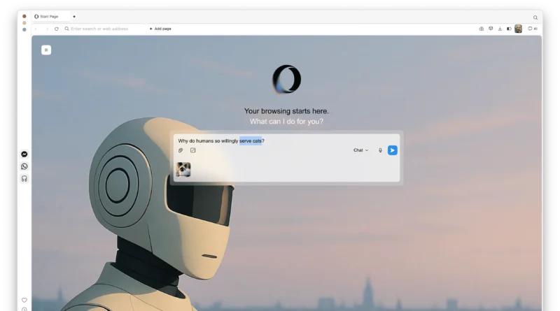 Tela inicial do Opera Neon com prompt central e destaque para o agente; navegador por assinatura com IA