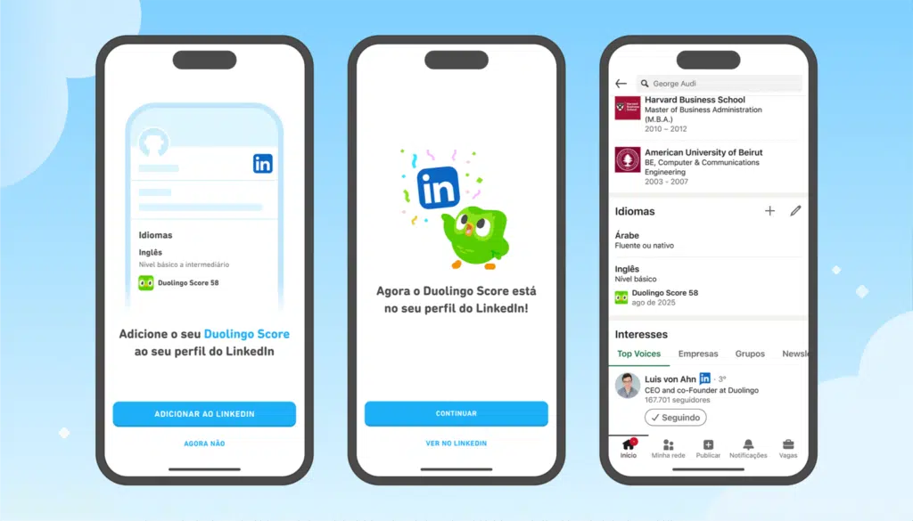 Exemplo de Duolingo LinkedIn com Duolingo Score por idioma visível no perfil público