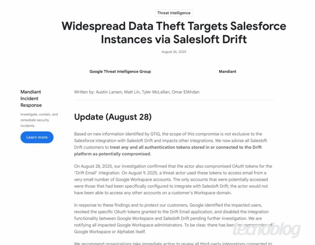 Preciso trocar a senha do Gmail? Google explica 3 Alerta sobre Salesloft Drift e instâncias da Salesforce: investigação de exportação de dados corporativos e se é necessário trocar a senha do Gmail