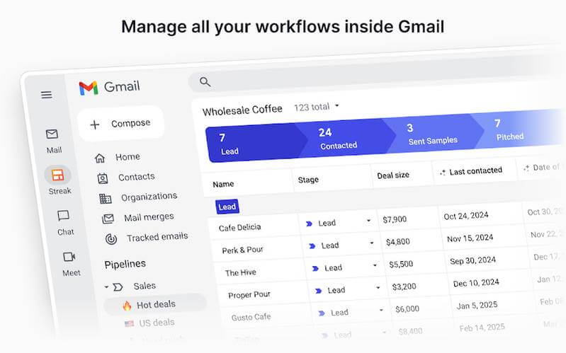 Extensões do Gmail: 5 add-ons para organizar o inbox 11 Integração do Streak no Gmail mostrando pipeline de vendas e estágios; gerenciamento de fluxo dentro do e-mail