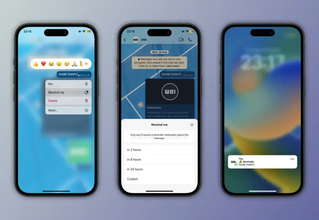 Captura do WABetaInfo mostrando o ícone de sino em mensagens do WhatsApp no iPhone com opções de lembrete de 2h, 8h, 1 dia e agendamento por data e hora