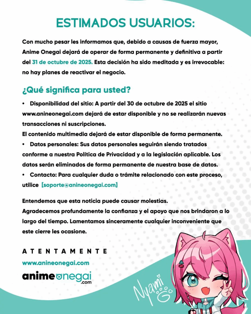 Anime Onegai encerrará operações em 31 de outubro 6 Declaração da Anime Onegai
