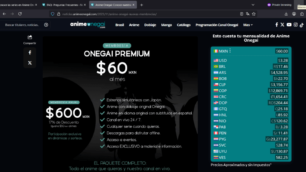 Anime Onegai encerrará operações em 31 de outubro 7 Captura de tela da interface do Anime Onegai com destaques do catálogo em espanhol