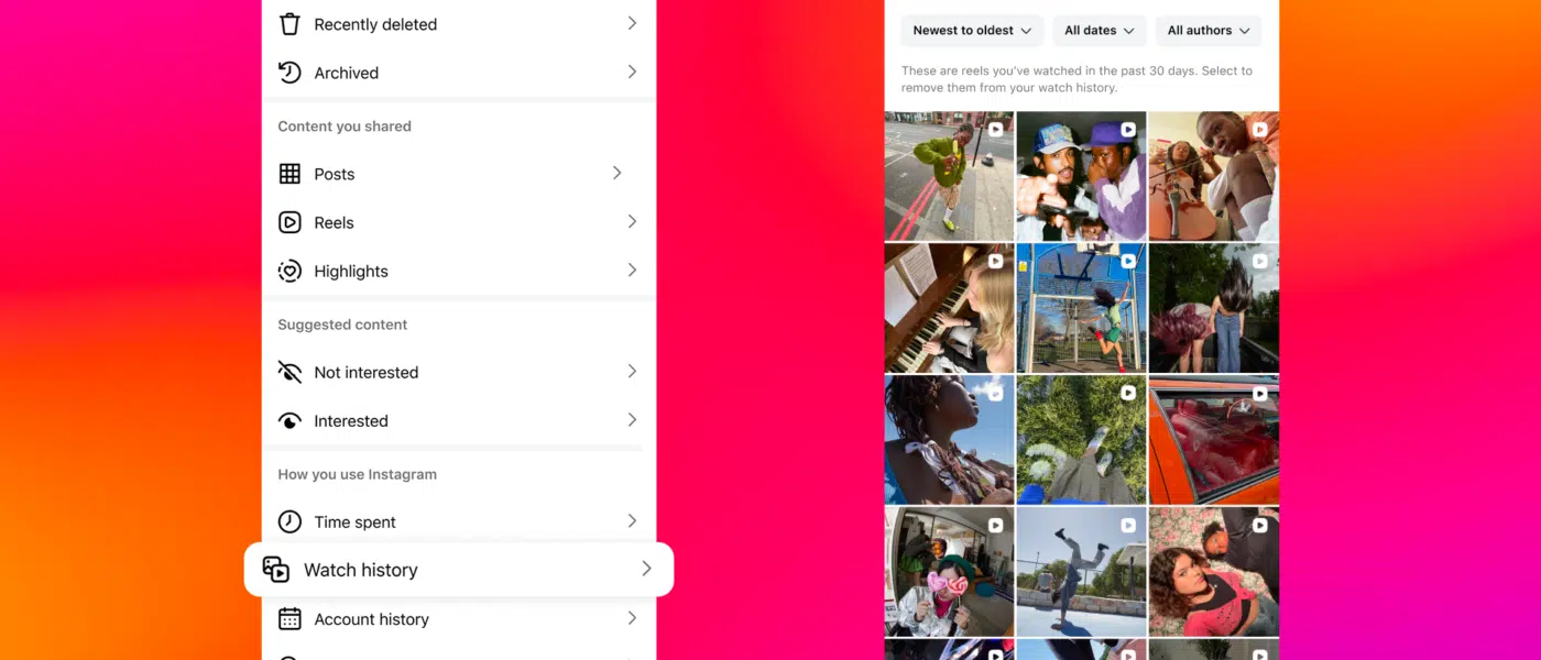 RendaGeek: Sua Fonte de Renda Extra e Paixões Geek 2 Interface do histórico de Reels do Instagram (Watch History) mostrando vídeos assistidos e filtros por data e autor