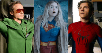 filmes de super-herois em 2026: Montagem promocional com marcas e artes de DC Studios, Marvel Studios e Sony Pictures