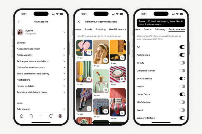 Pinterest cria controles para reduzir ‘IA slop’ no feed 3 Demonstração da interface do Pinterest exibindo a opção Refine your recommendations para reduzir conteúdo de IA por categoria