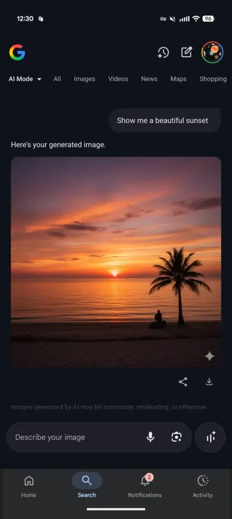 Fluxo do Google Lens Create enviando a foto para o prompt do AI Mode