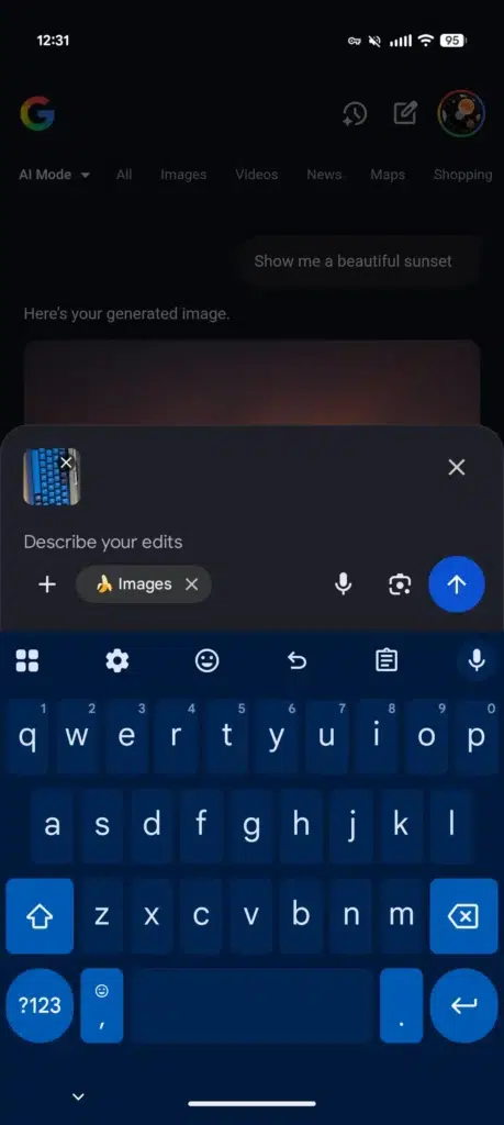 Exemplo de interface do AI Mode com opções de edição e geração de imagem