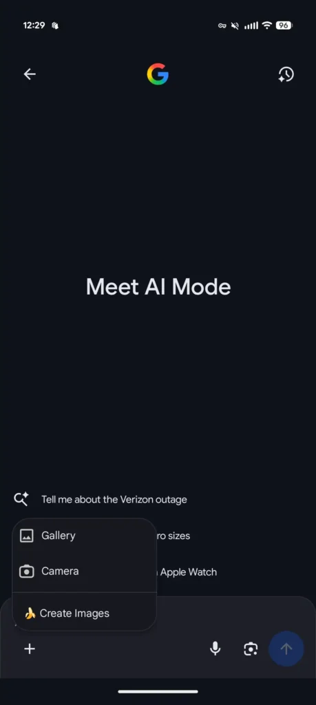 Tela do AI Mode mostrando prompt para descrever a imagem e opção de gerar arte