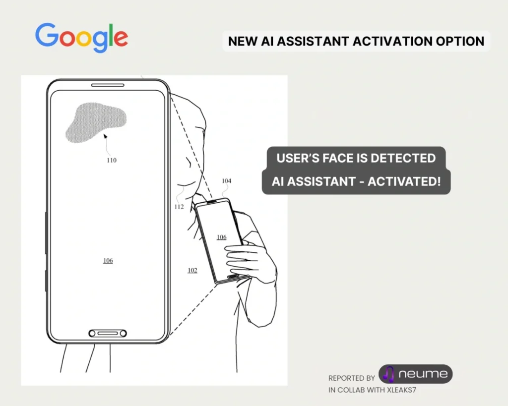 Diagrama ilustrativo de patente do Google para ativar Gemini AI por proximidade facial usando sensores capacitivos