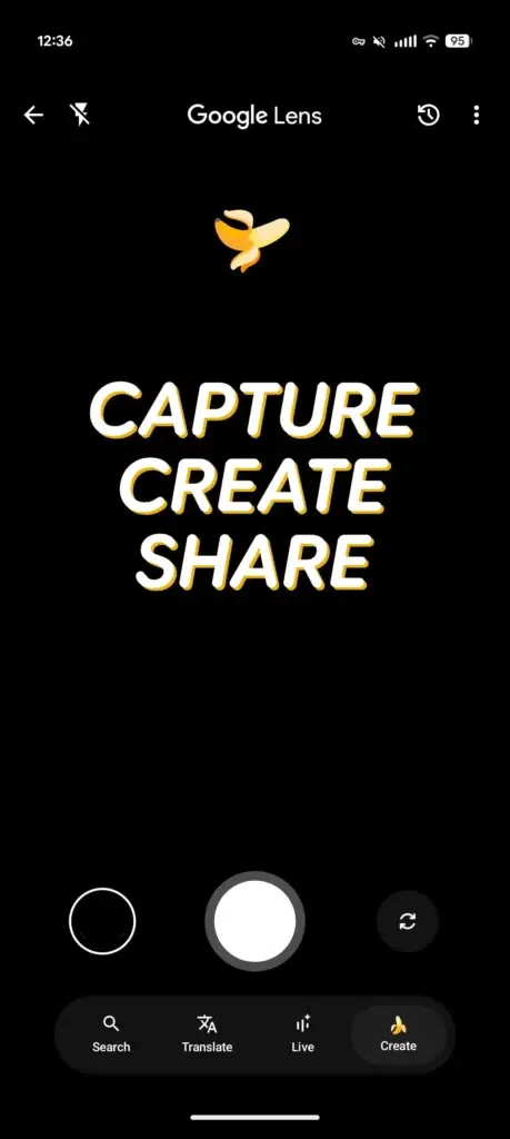 Google Lens aba Create com ícones reposicionados e câmera frontal ativa