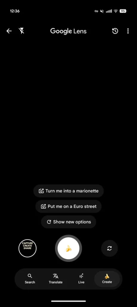 Botão do Lens com emoji de banana indicando modo de criação de imagem