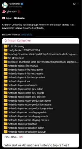 Nintendo hackeada? Crimson Collective: o que se sabe 5 Nintendo hackeada? Captura de tela do suposto vazamento do Crimson Collective com pastas e backups da Big N
