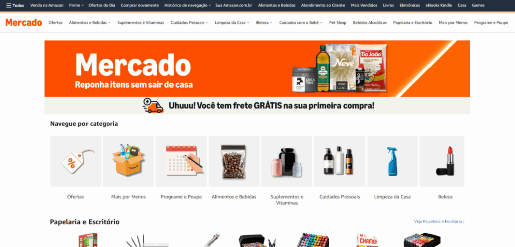 Amazon Mercado: nova aba organiza itens essenciais 3 Captura da seção Amazon Mercado no site, com vitrine por categorias e atalhos para compras frequentes
