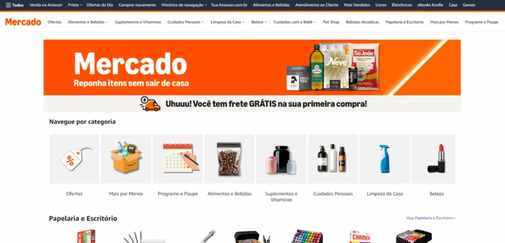 Captura da seção Amazon Mercado no site, com vitrine por categorias e atalhos para compras frequentes