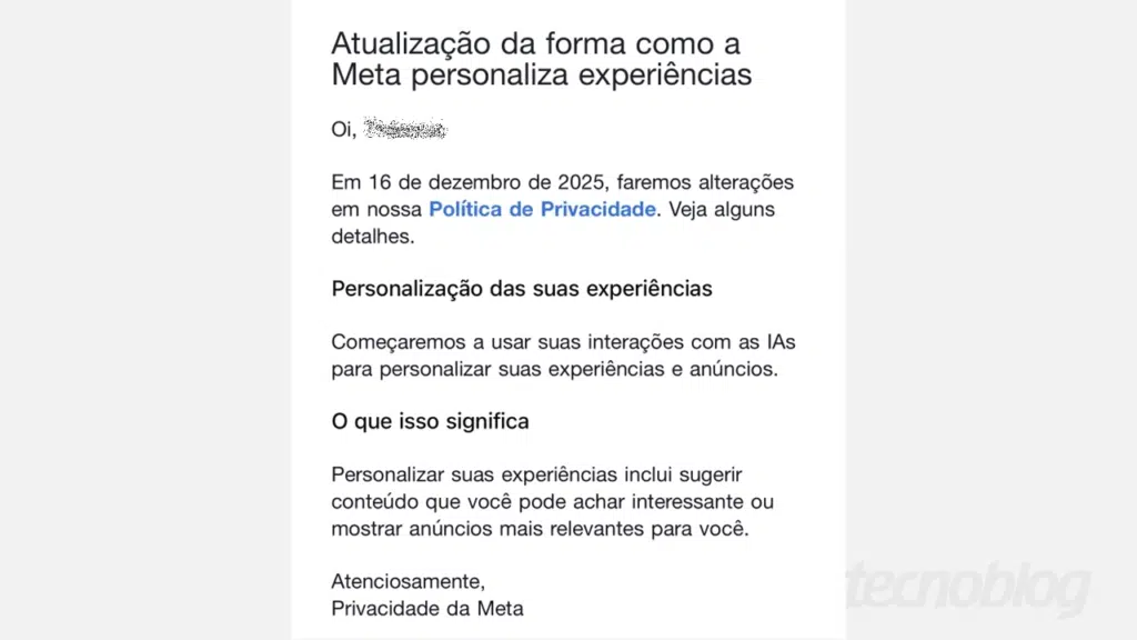 Captura do e-mail da Meta alertando sobre uso de interações com a IA para anúncios, como instagram, facebook