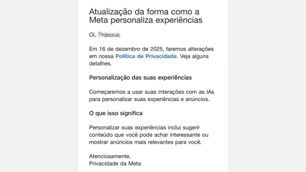 Instagram usará conversas com a Meta AI para anúncios 3 Captura do e-mail da Meta alertando sobre uso de interações com a IA para anúncios, como instagram, facebook
