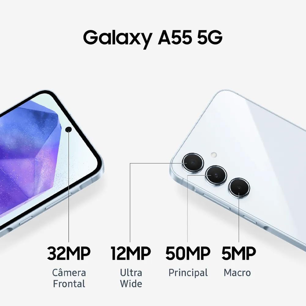 Galaxy A55 256 GB: menor preço do ano (54% OFF) 3 Galaxy A55 com laterais metálicas e câmera de 50 MP com OIS