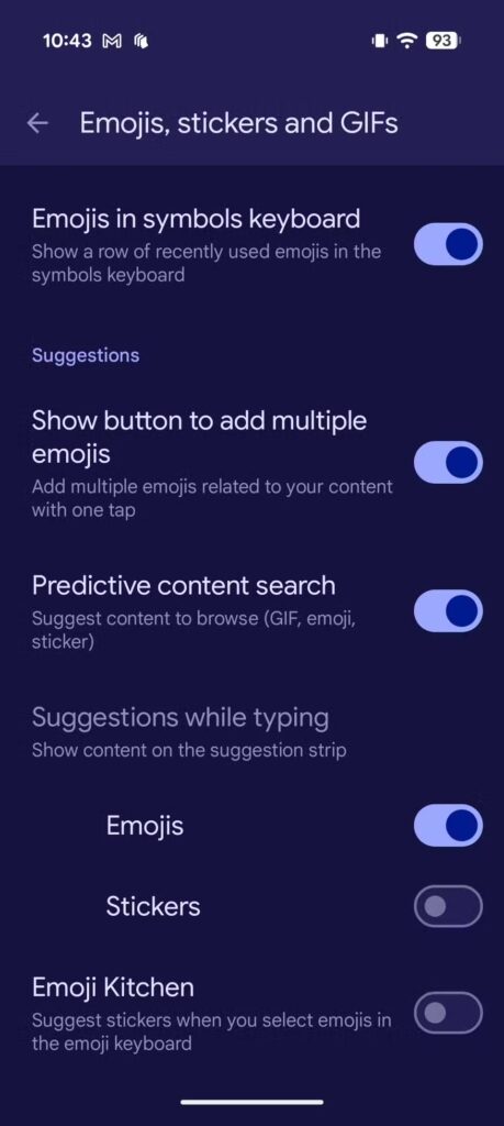 Configurações do teclado Android que você ignora 13 Tela do Gboard mostrando como desativar sugestões de stickers e Emoji Kitchen