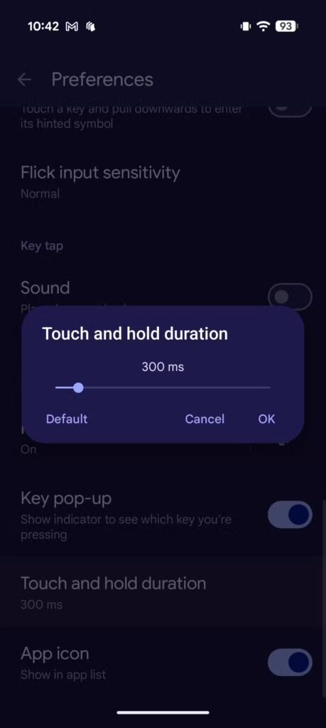 Configurações do teclado Android que você ignora 11 Tela do Gboard para ajustar a duração do toque e segurar em milissegundos