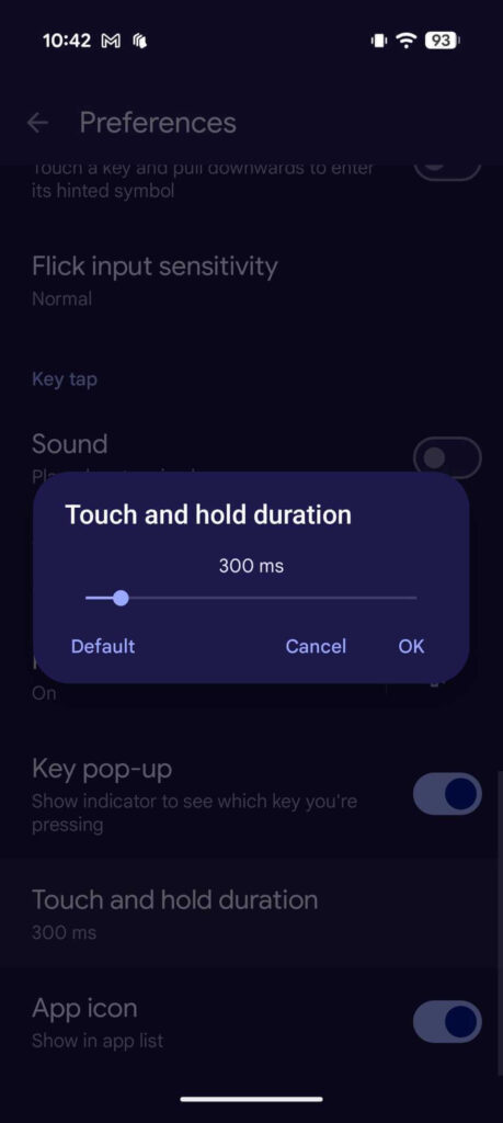 Configurações do teclado Android que você ignora 11 Tela do Gboard para ajustar a duração do toque e segurar em milissegundos