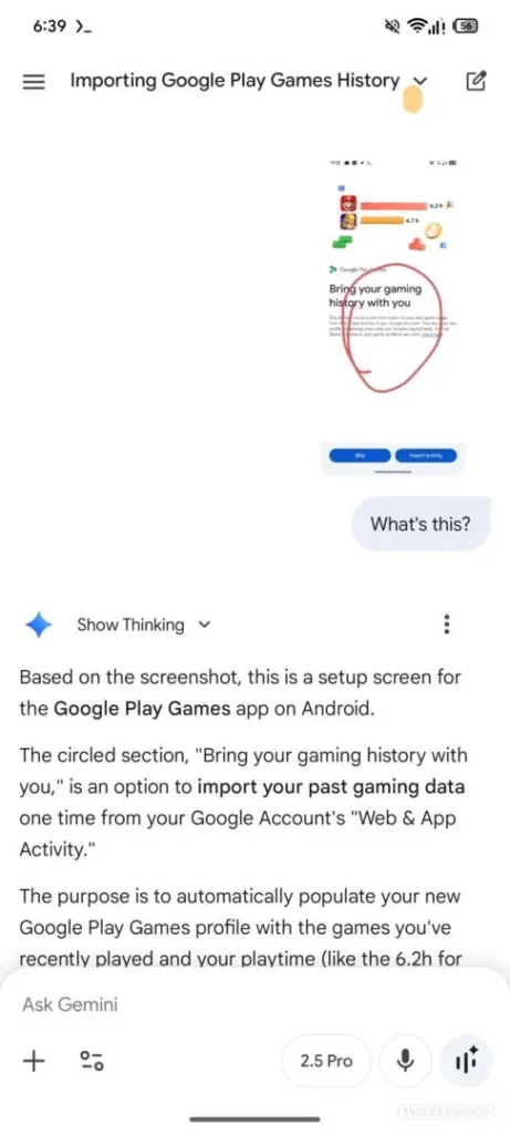 Gemini com região destacada para análise de objeto e texto, exibindo sugestões contextuais