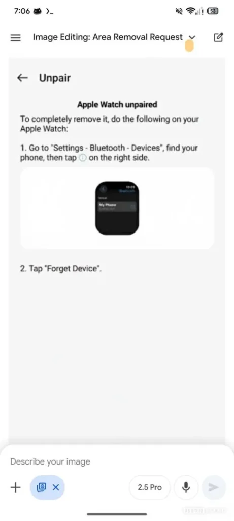 Exemplo de uso do Nano Banana para remover elementos indesejados após destaque de região no Gemini