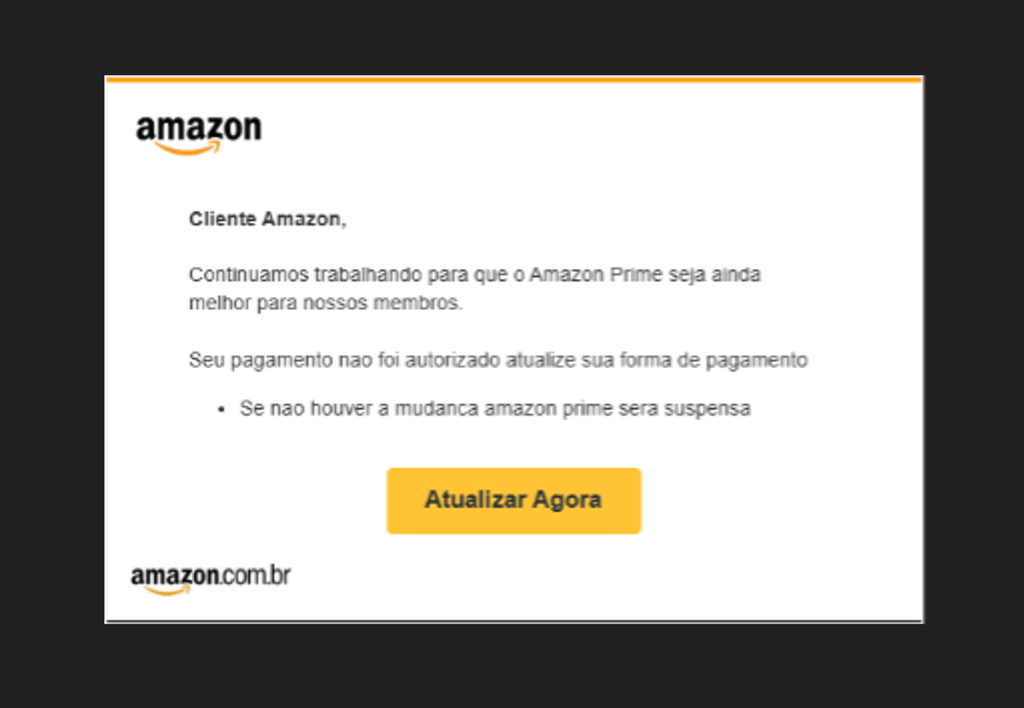 Amazon Prime Day 2025: golpes e domínios falsos 3 Captura de tela do e-mail falso da Amazon, onde o clique no botão leva a um site malicioso que rouba as credenciais (Imagem: Check Point Software)