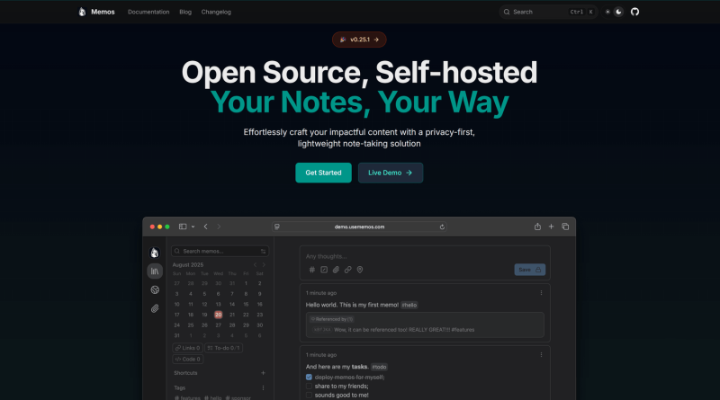 Página inicial do Memos alternativa ao Google Keep mostrando o layout minimalista e moderno