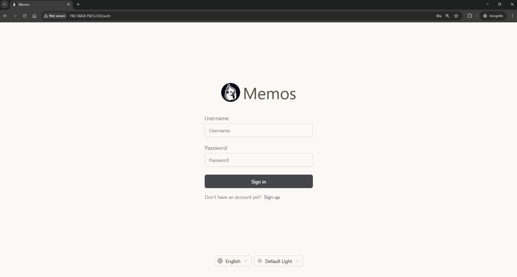 Memos: alternativa open-source ao Google Keep para grupos 9 Tela de login padrão do Memos após instalação via Docker