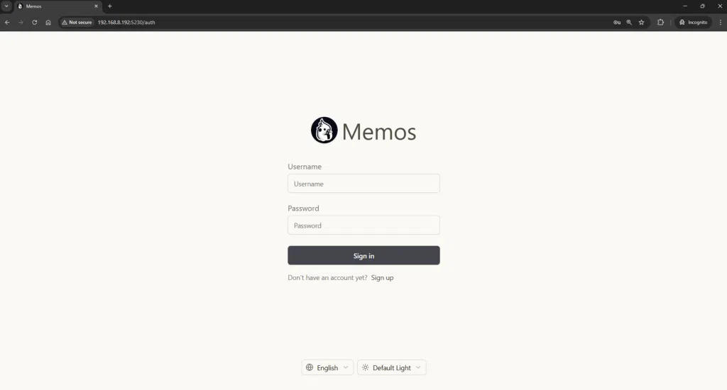Memos: alternativa open-source ao Google Keep para grupos 9 Tela de login padrão do Memos após instalação via Docker